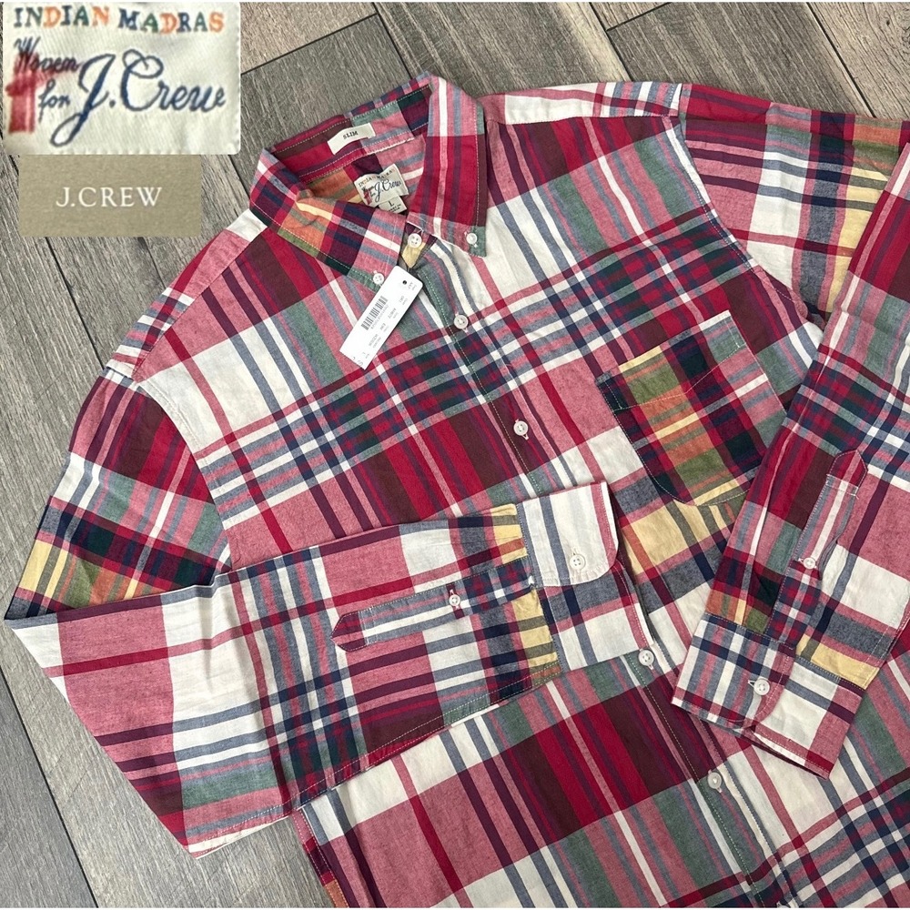 NWT J.Crew Indian Madras Slim Fit Plaid Button Down Shirt Red White Blue Mens L